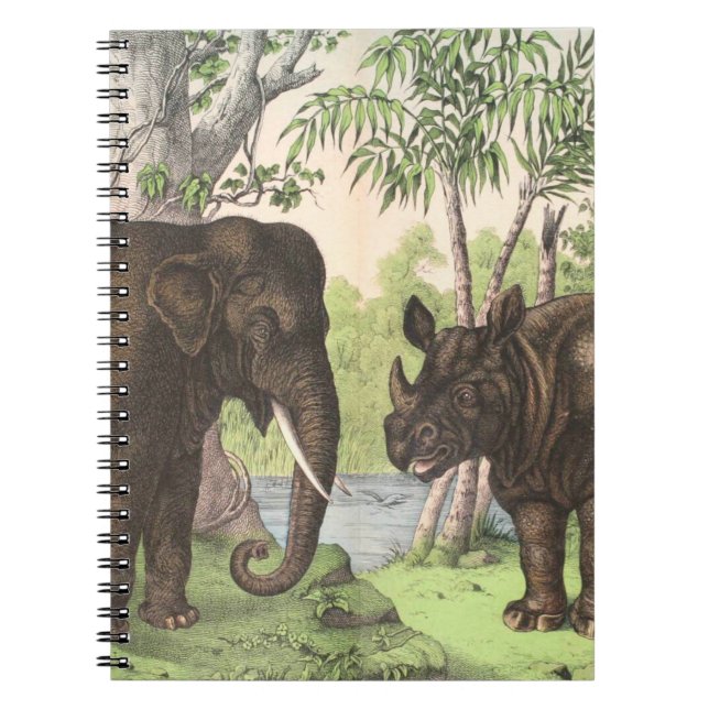 Antique Elephant Rhino in Jungle Print Notebook (Front)