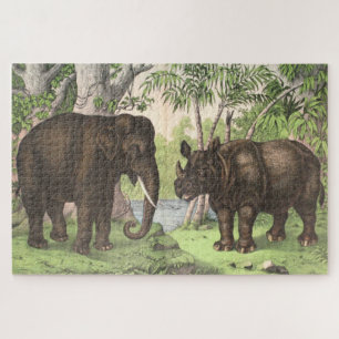 Antique Elephant Rhino Watercolor Print Jigsaw Puzzle