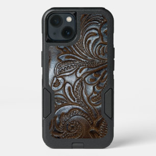 Antique Embossed Brown Leather Design OtterBox iPhone 13 Case