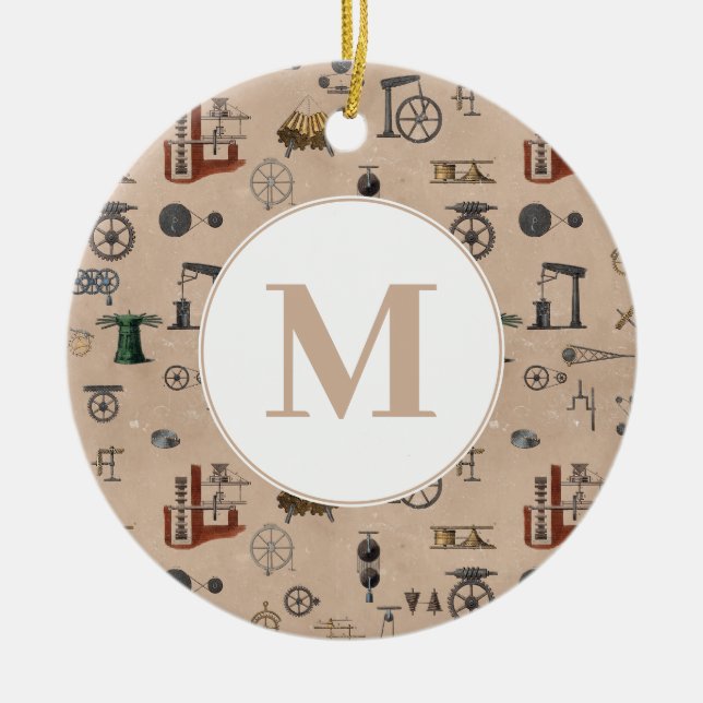 Antique Engineering Mechanical Scientific Monogram Ceramic Ornament (Front)