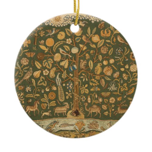 Antique English Needlepoint Tree of Life &amp; Unicorn Ceramic Ornament