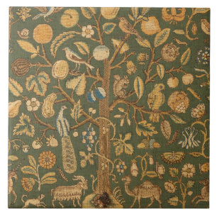 Antique English Needlepoint Tree of Life & Unicorn Ceramic Tile