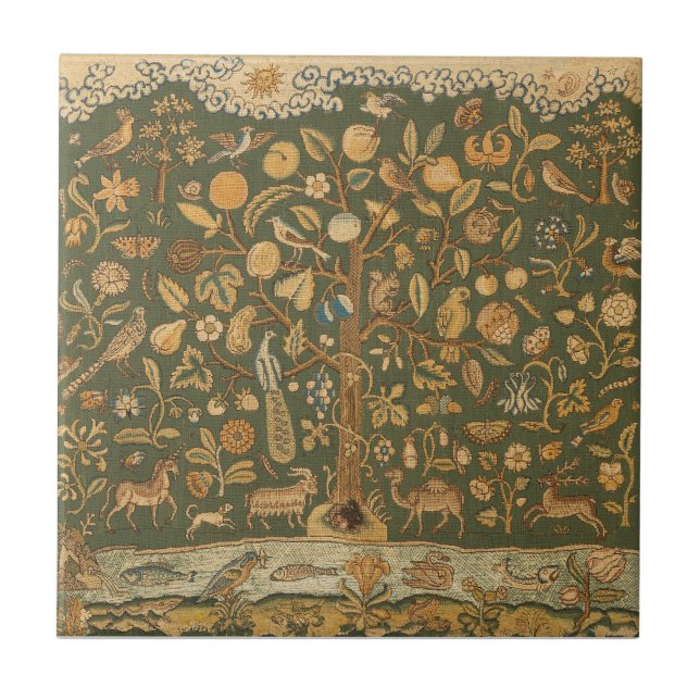 Antique English Needlepoint Tree of Life & Unicorn Ceramic Tile (Front)