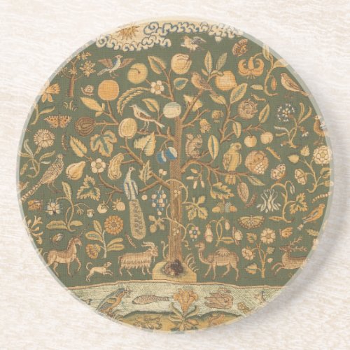Antique English Needlepoint Tree of Life &amp; Unicorn Coaster