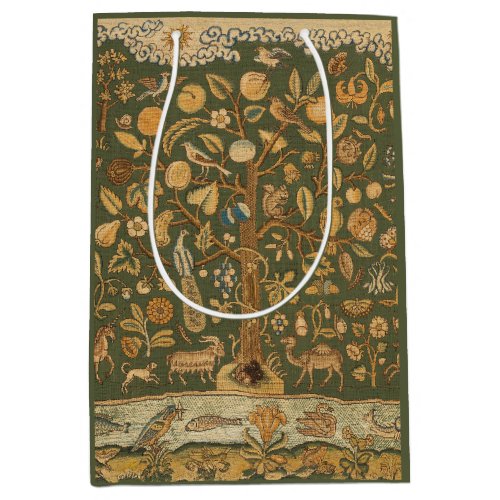 Antique English Needlepoint Tree of Life & Unicorn Medium Gift Bag