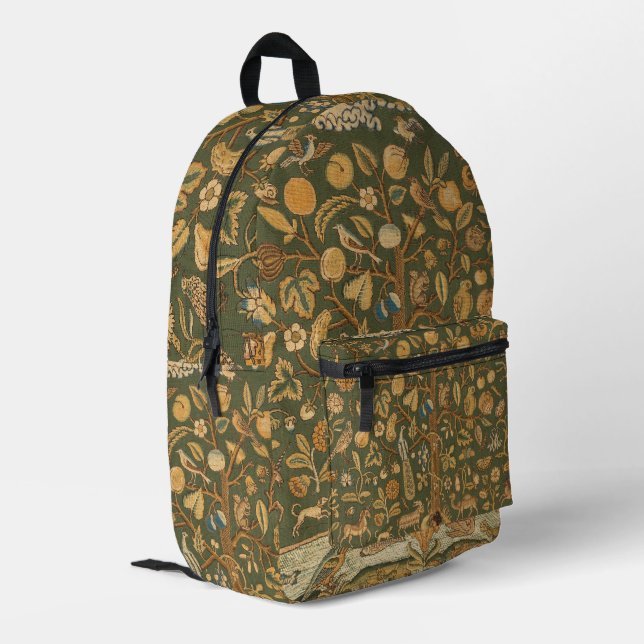 Antique English Needlepoint Tree of Life & Unicorn Printed Backpack (Back Corner Left)