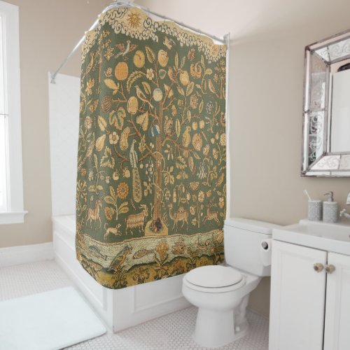 Antique English Needlepoint Tree of Life & Unicorn Shower Curtain
