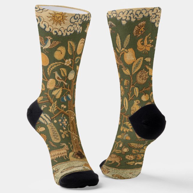Antique English Needlepoint Tree of Life & Unicorn Socks (Angled)