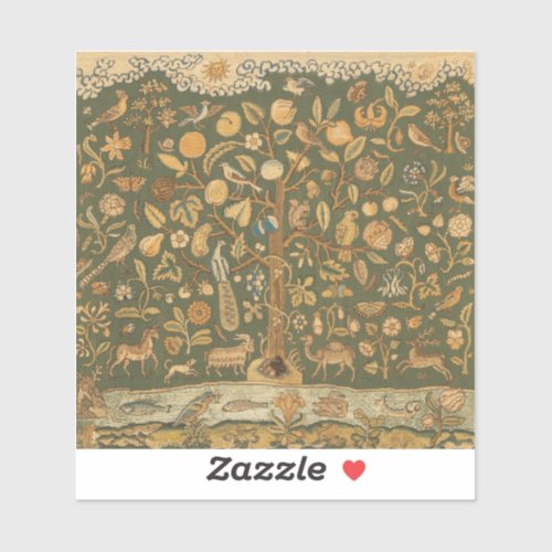 Antique English Needlepoint Tree of Life &amp; Unicorn Sticker