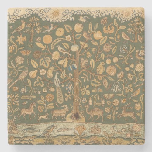 Antique English Needlepoint Tree of Life & Unicorn Stone Coaster