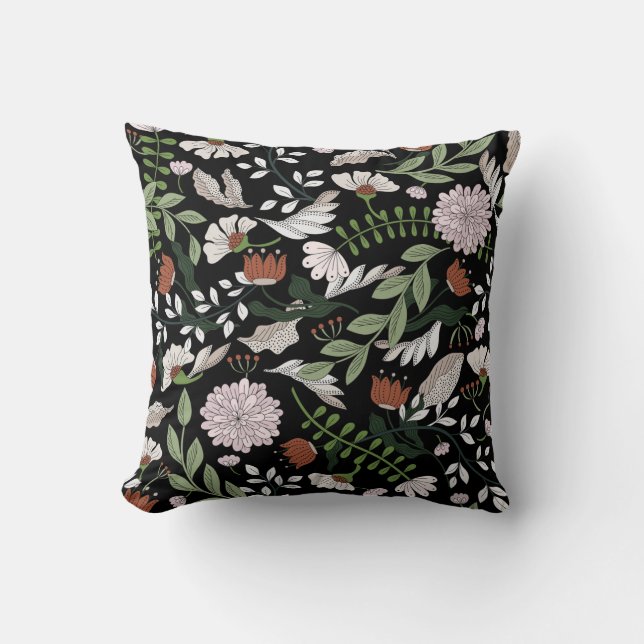 Antique Engraving Flowers Hand Painted Throw Pillow (Front)