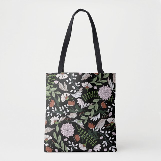 Antique Engraving Flowers Hand Painted Tote Bag (Front)