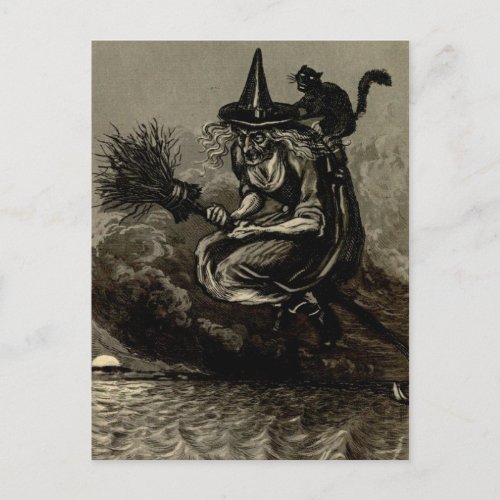 Antique Engraving Witch on Broom Postcard