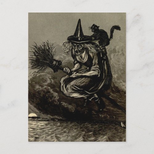 Antique Engraving Witch on Broom Postcard