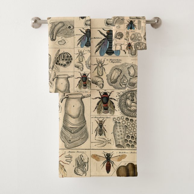 Antique Entomology Bees Wasps Natural History Bath Towel Set (Insitu)