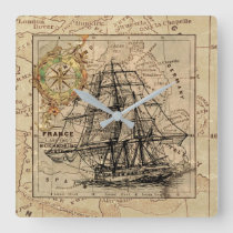 Antique Europe Map Ship Sail Nautical Marine Square Wall Clock