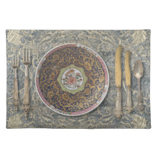 Antique Fabric Placemat with Asian Plate & Silver 