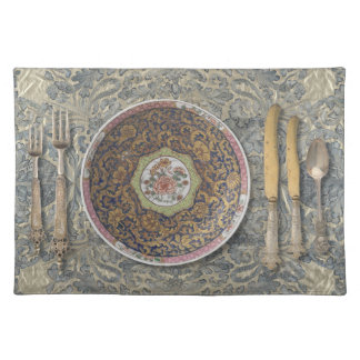 Antique Fabric Placemat with Asian Plate & Silver 