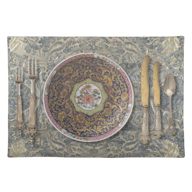 Antique Fabric Placemat with Asian Plate & Silver  (Front)
