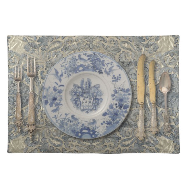 Antique Fabric Placemat with Delft Blue Plate (Front)