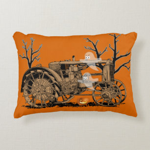 ANTIQUE FARM TRACTOR HALLOWEEN GHOST PUMPKIN FARM ACCENT PILLOW