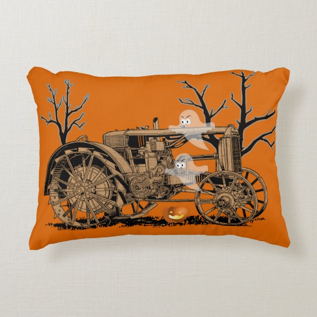 ANTIQUE FARM TRACTOR HALLOWEEN GHOST PUMPKIN FARM ACCENT PILLOW (Front)