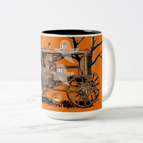 ANTIQUE FARM TRACTOR HALLOWEEN GHOST PUMPKIN FARM Two_Tone COFFEE MUG