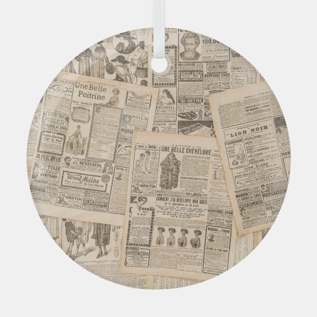 Antique Fashion: Newspaper Advertising Pages Glass Ornament (Front)