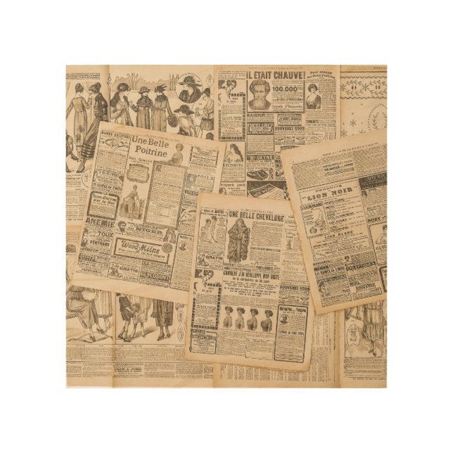Antique Fashion: Newspaper Advertising Pages Wood Wall Art (Front)