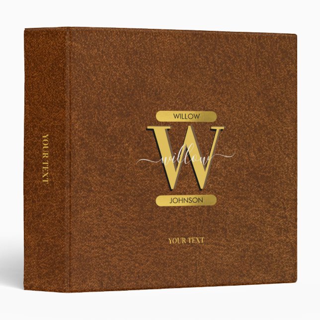 Antique Faux Leather & Gold Monogram  3 Ring Binder (Front/Spine)