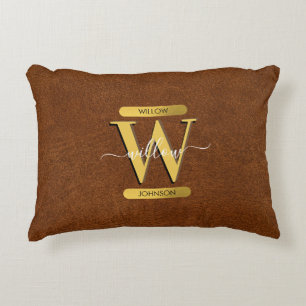 Antique Faux Leather & Gold Monogram Accent Pillow