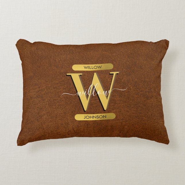 Antique Faux Leather & Gold Monogram Accent Pillow (Front)