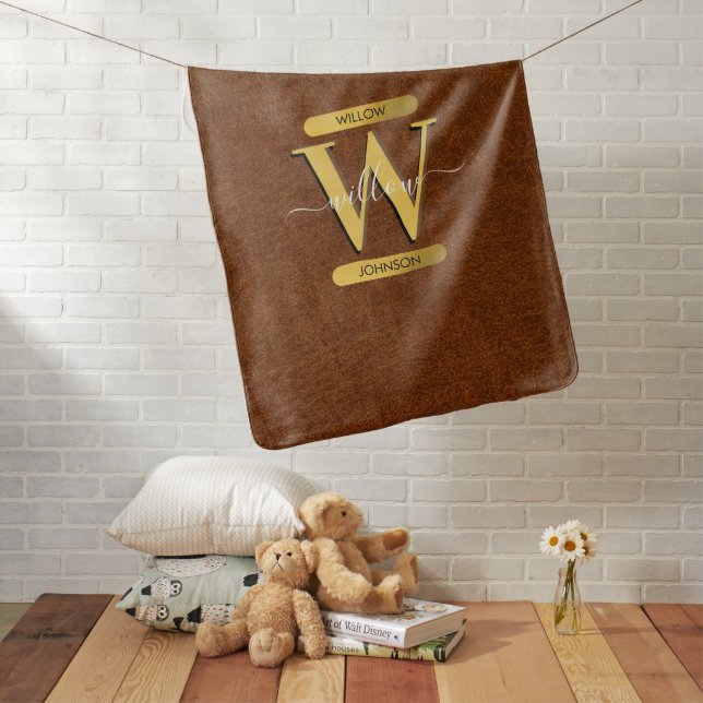 Antique Faux Leather & Gold Monogram  Baby Blanket (In Situ)