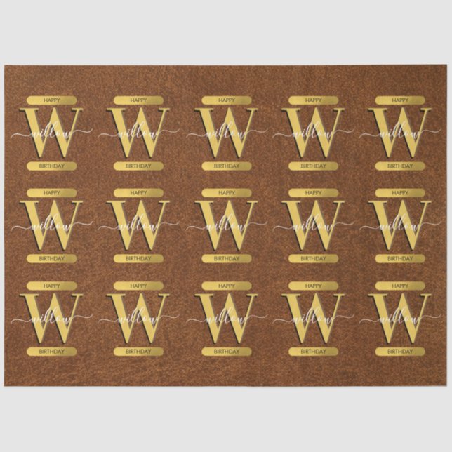 Antique Faux Leather & Gold Monogram Birthday Tissue Paper (Front)