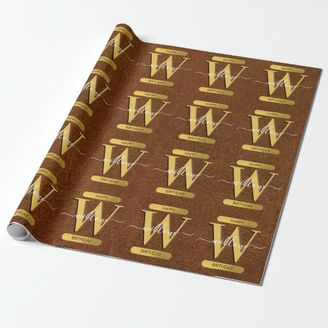 Antique Faux Leather & Gold Monogram Birthday Wrapping Paper (Unrolled)