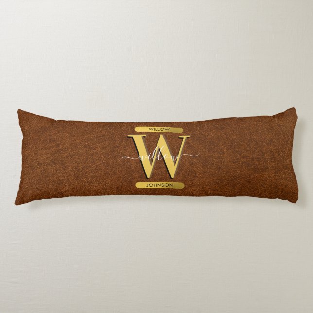 Antique Faux Leather & Gold Monogram Body Pillow (Front)