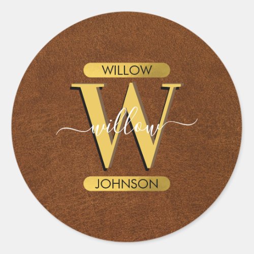 Antique Faux Leather  Gold Monogram Classic Round Sticker