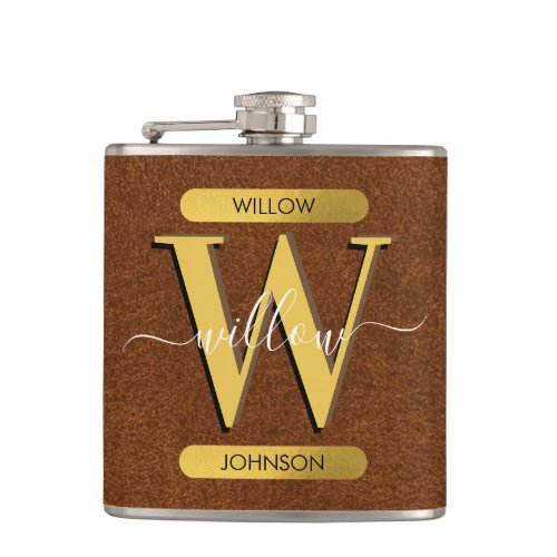 Antique Faux Leather  Gold Monogram Flask