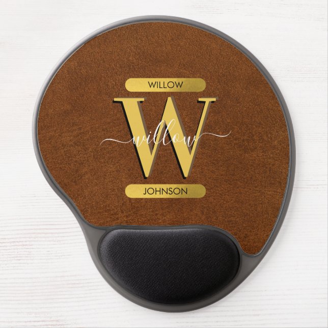 Antique Faux Leather & Gold Monogram Gel Mouse Pad (Front)