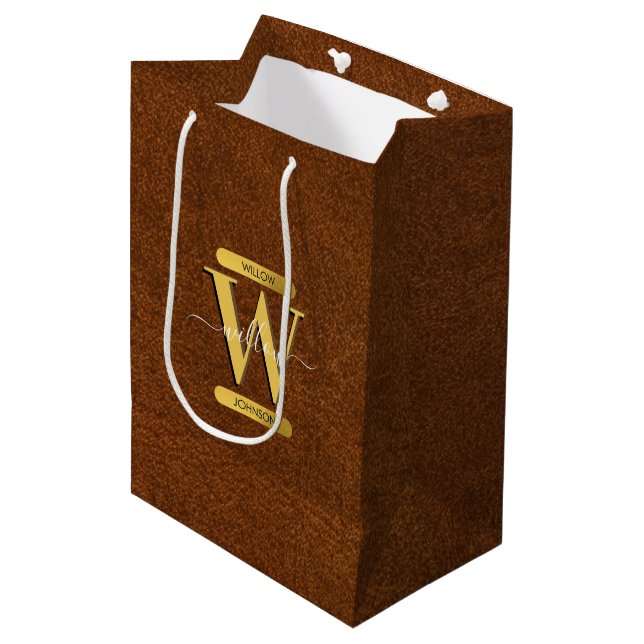 Antique Faux Leather & Gold Monogram Medium Gift Bag (Front Angled)
