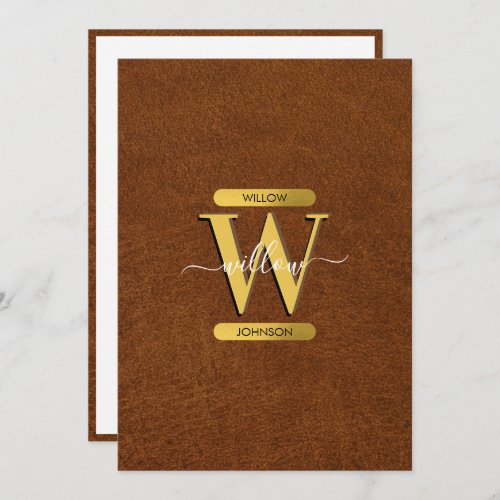 Antique Faux Leather  Gold Monogram Note Card