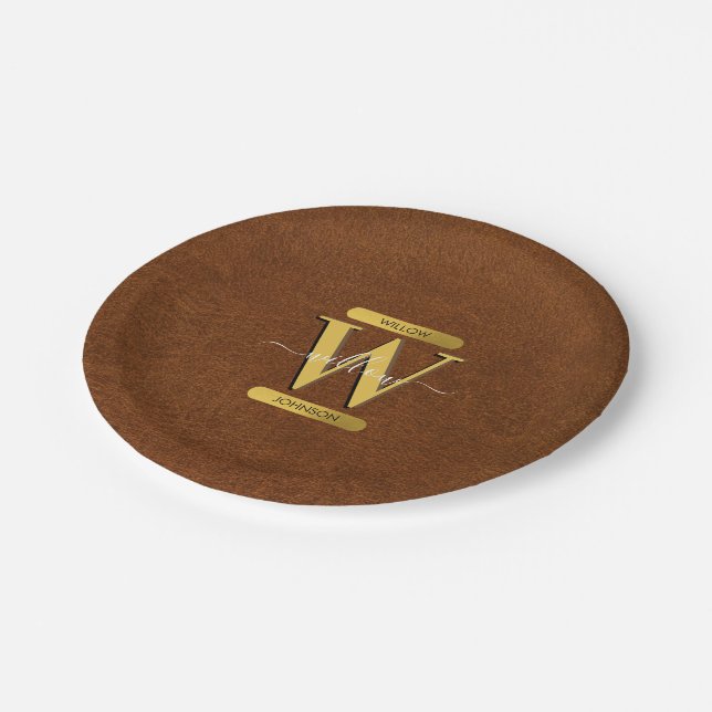 Antique Faux Leather & Gold Monogram  Paper Plates (Angled)