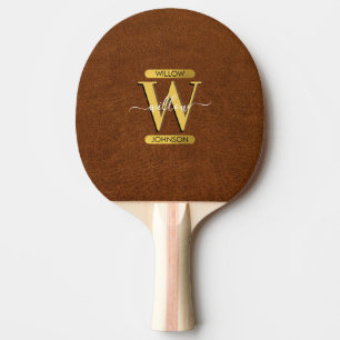 Antique Faux Leather & Gold Monogram Ping Pong Paddle