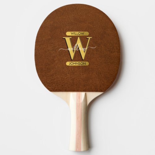 Antique Faux Leather  Gold Monogram  Ping Pong Paddle