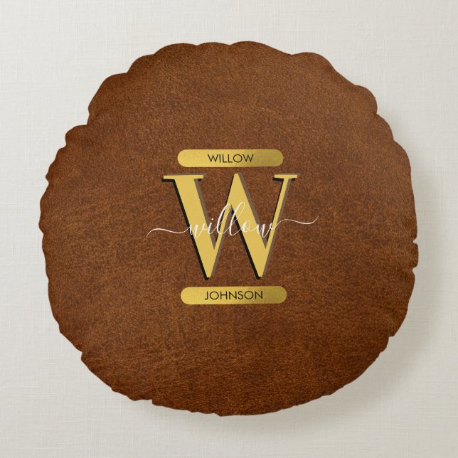 Antique Faux Leather & Gold Monogram Round Pillow (Front)
