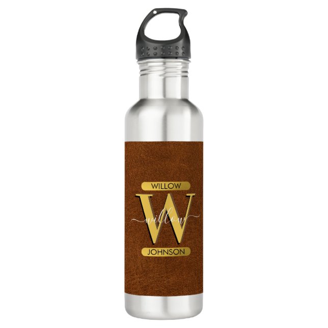 Antique Faux Leather & Gold Monogram  Stainless Steel Water Bottle (Front)