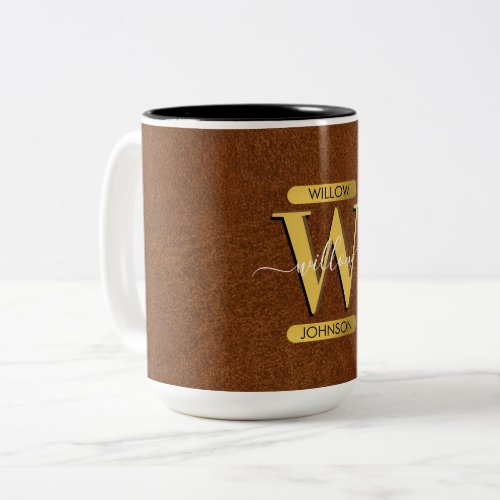 Antique Faux Leather  Gold Monogram  Two_Tone Coffee Mug