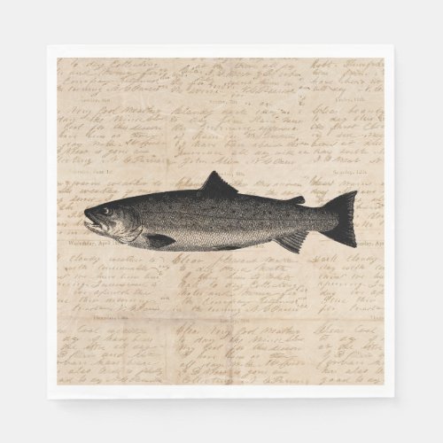 Antique Fishing Art Trout Fish Illustration Script Napkins