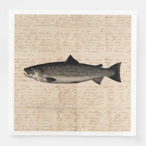 Antique Fishing Art Trout Fish Illustration Script Paper Dinner Napkins