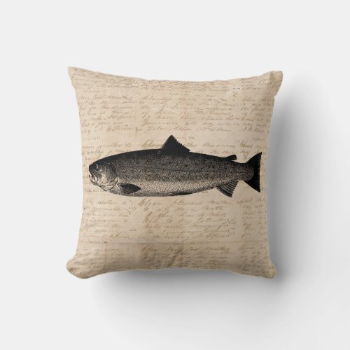 Antique Fishing Art Trout Fish Illustration Script Throw Pillow